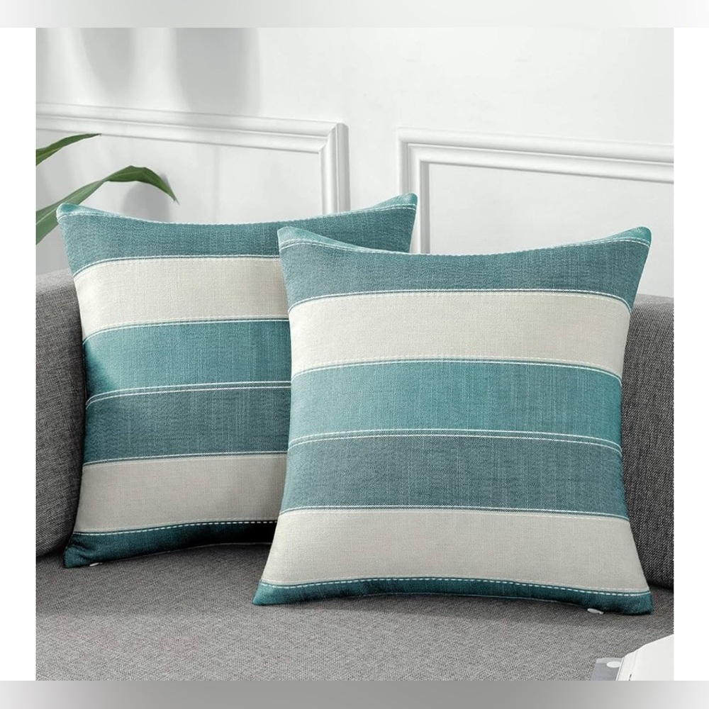 NEW 2 Stripe Check Throw Pillow Covers Set Case Cotton Linen 16” Blue
